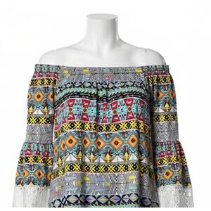 WinWin Tunic Blouse Women Size L XL Geometric Print Colorful Off Shoulder Boho
